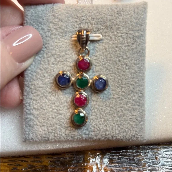 Ruby emerald and sapphire cross in sterling silver - Picture 7 of 8